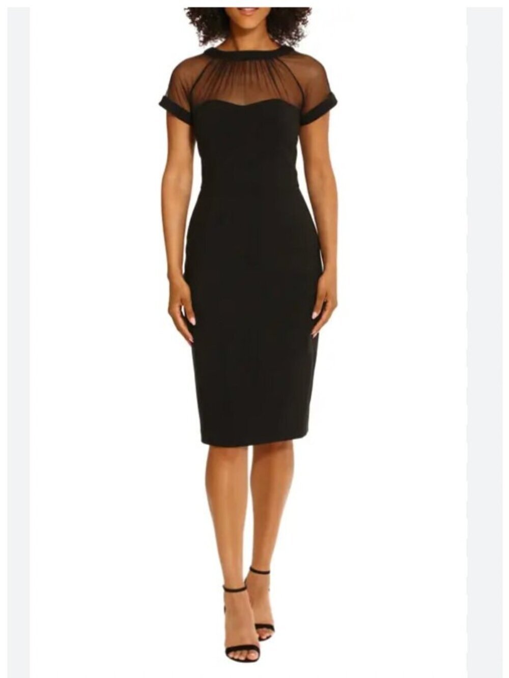 Maggy London Dress Womens 2 Black Sheer Cap Sleeve V Neck Pencil Knee Length